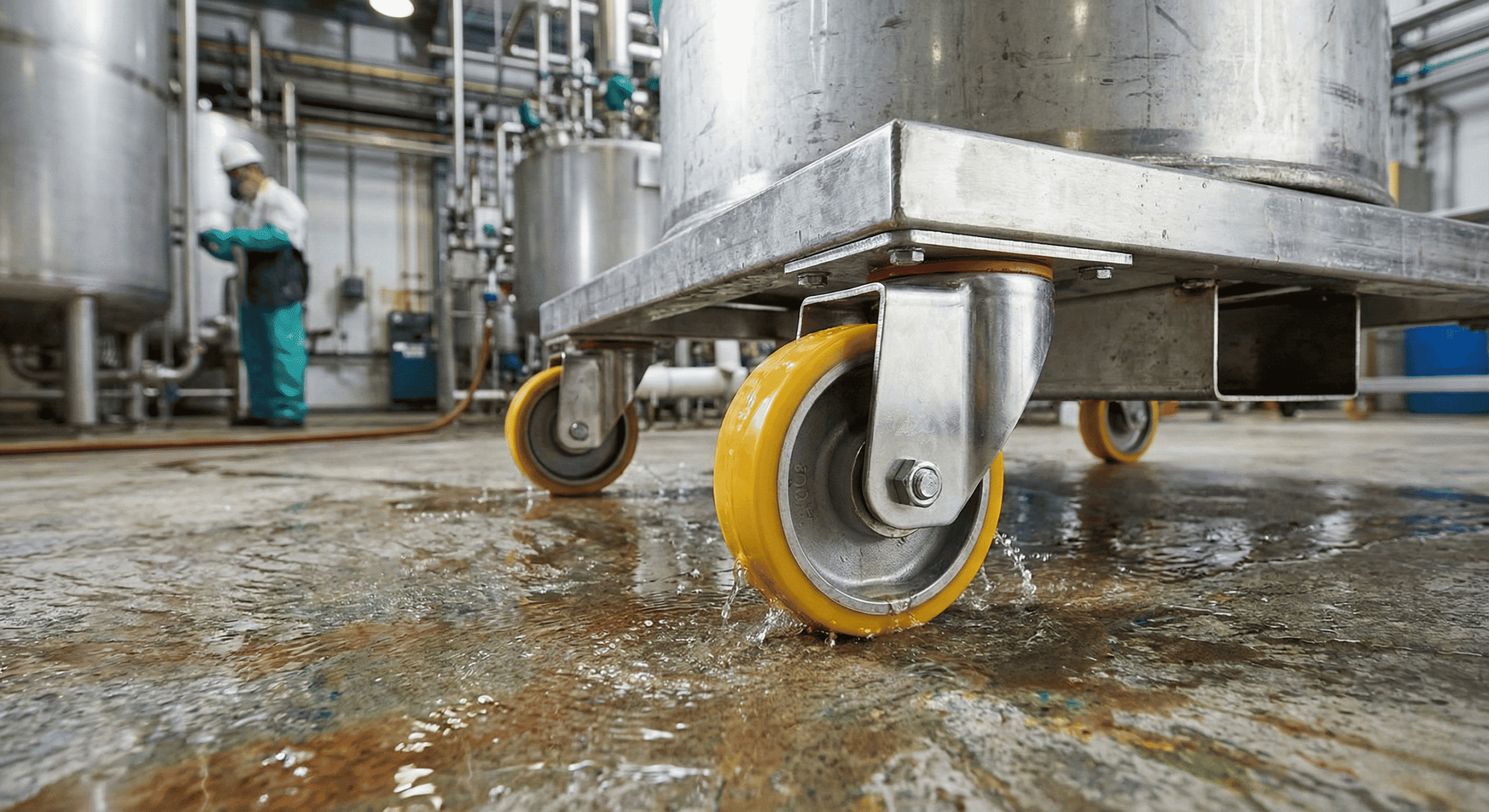 Chemisch bestendige wielen onder een industriële tank in een fabriek met natte vloer en blootstelling aan chemicaliën