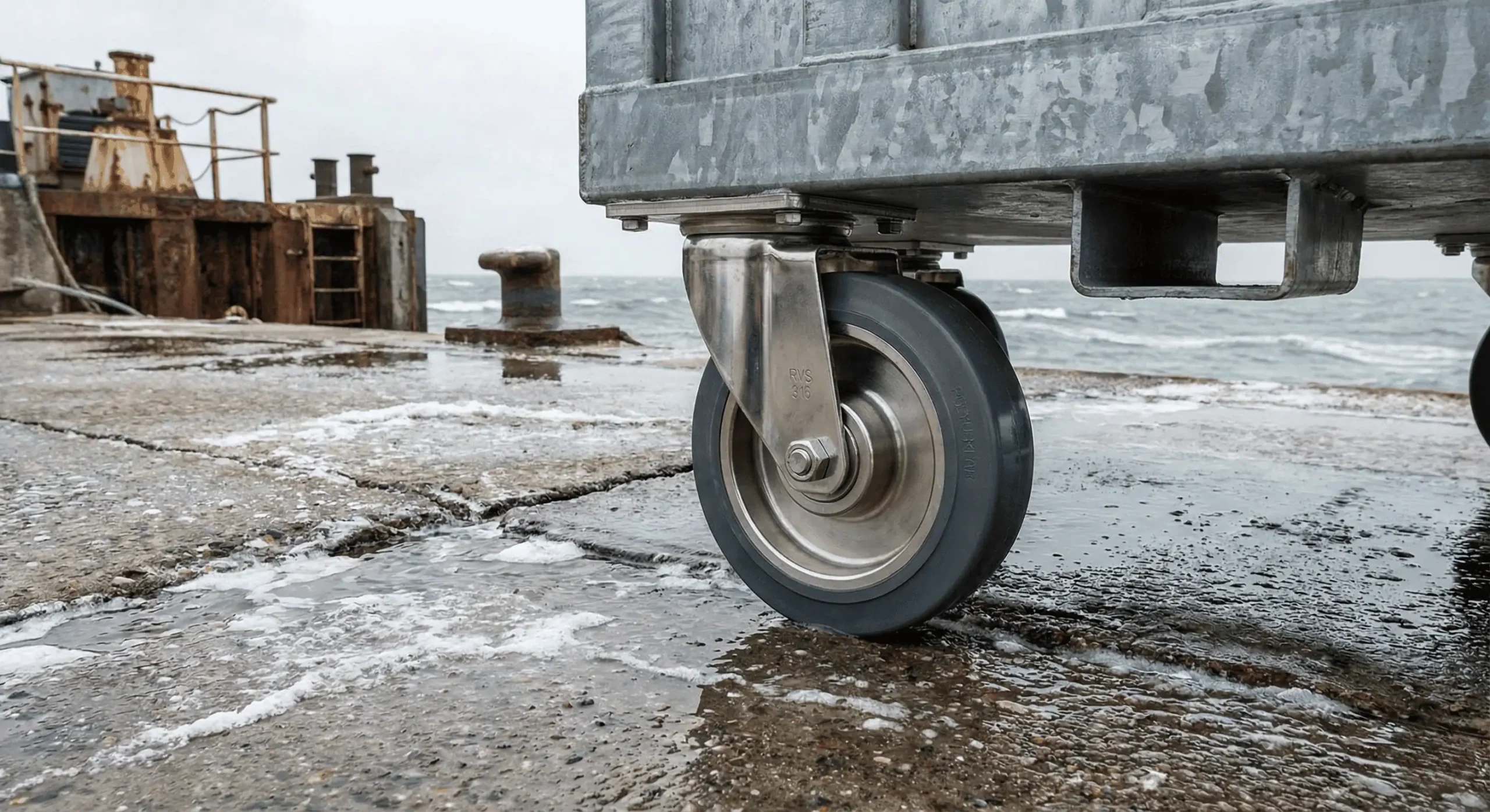Corrosiebestendige wielen met RVS behuizing op natte en zoute ondergrond in maritieme omgeving