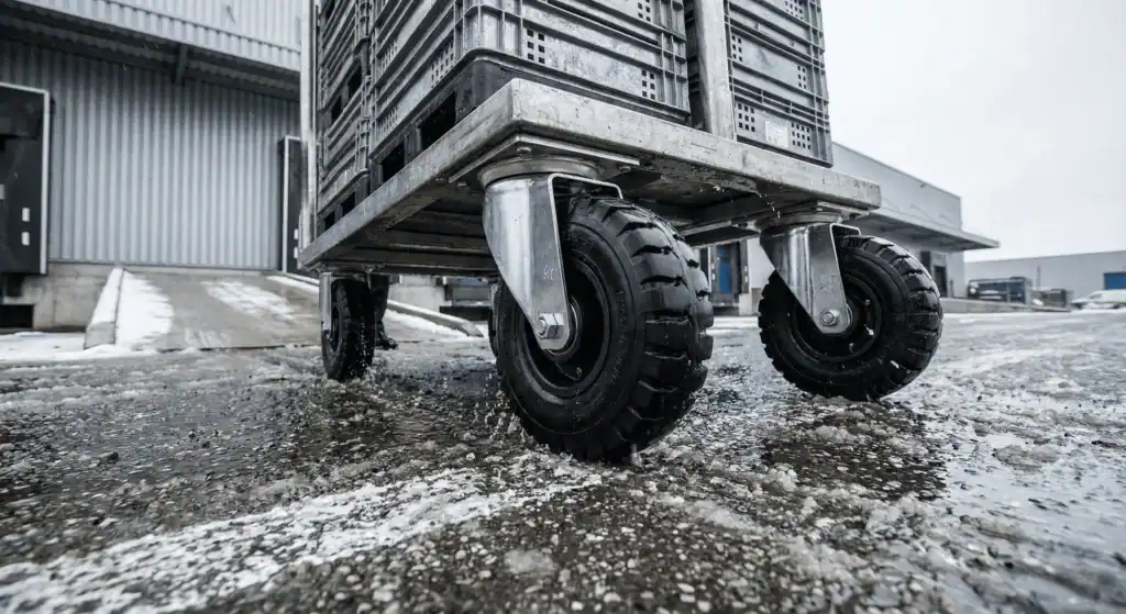Wielen voor buitengebruik onder zware transportwagen op nat, winters buitenterrein