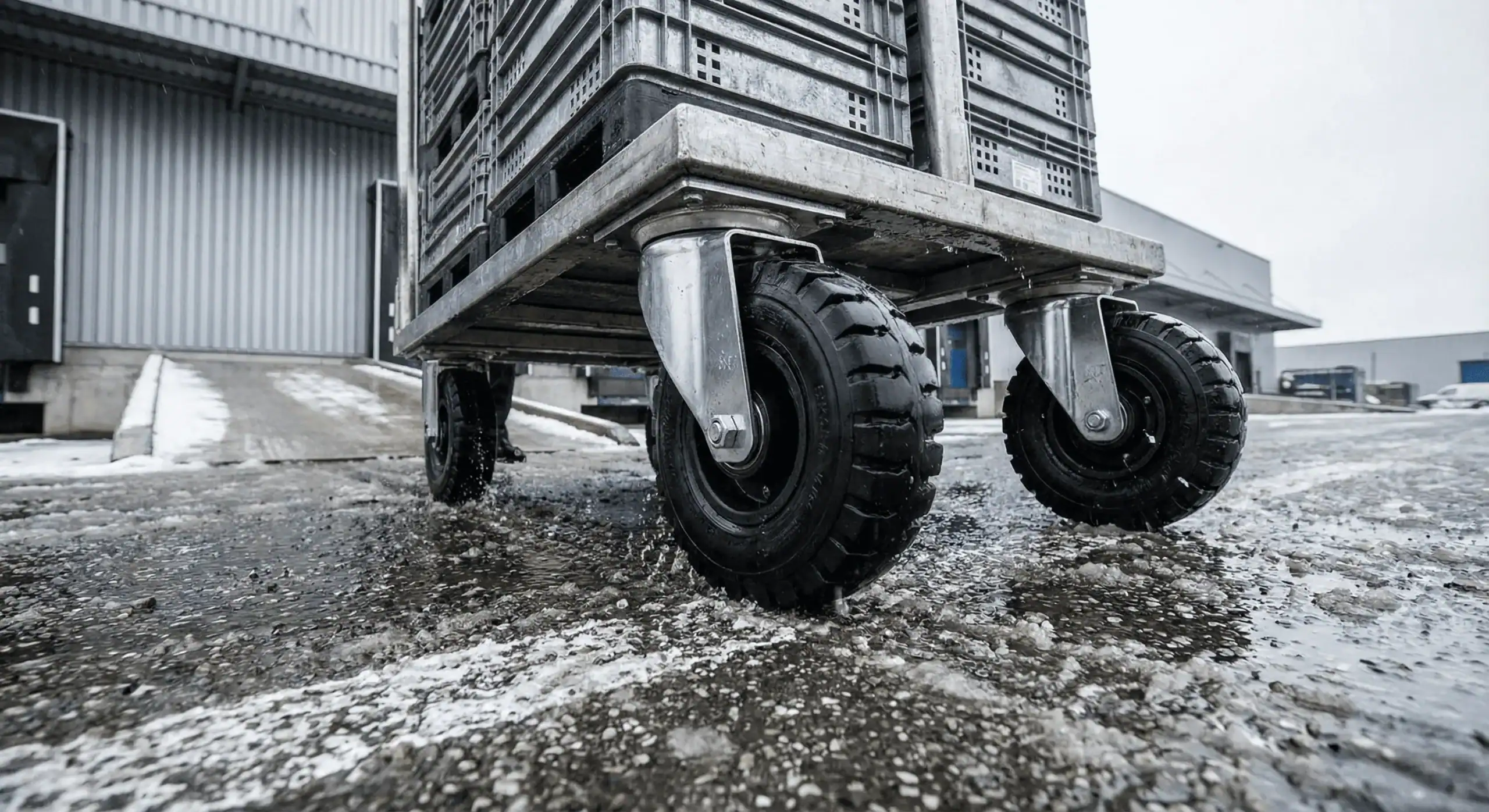 Wielen voor buitengebruik onder zware transportwagen op nat, winters buitenterrein