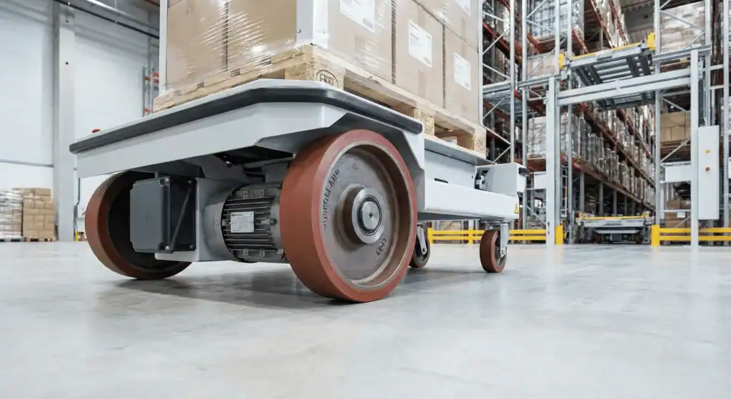 Wielen voor zware lasten onder industriële transportwagen met zware pallets in magazijnomgeving