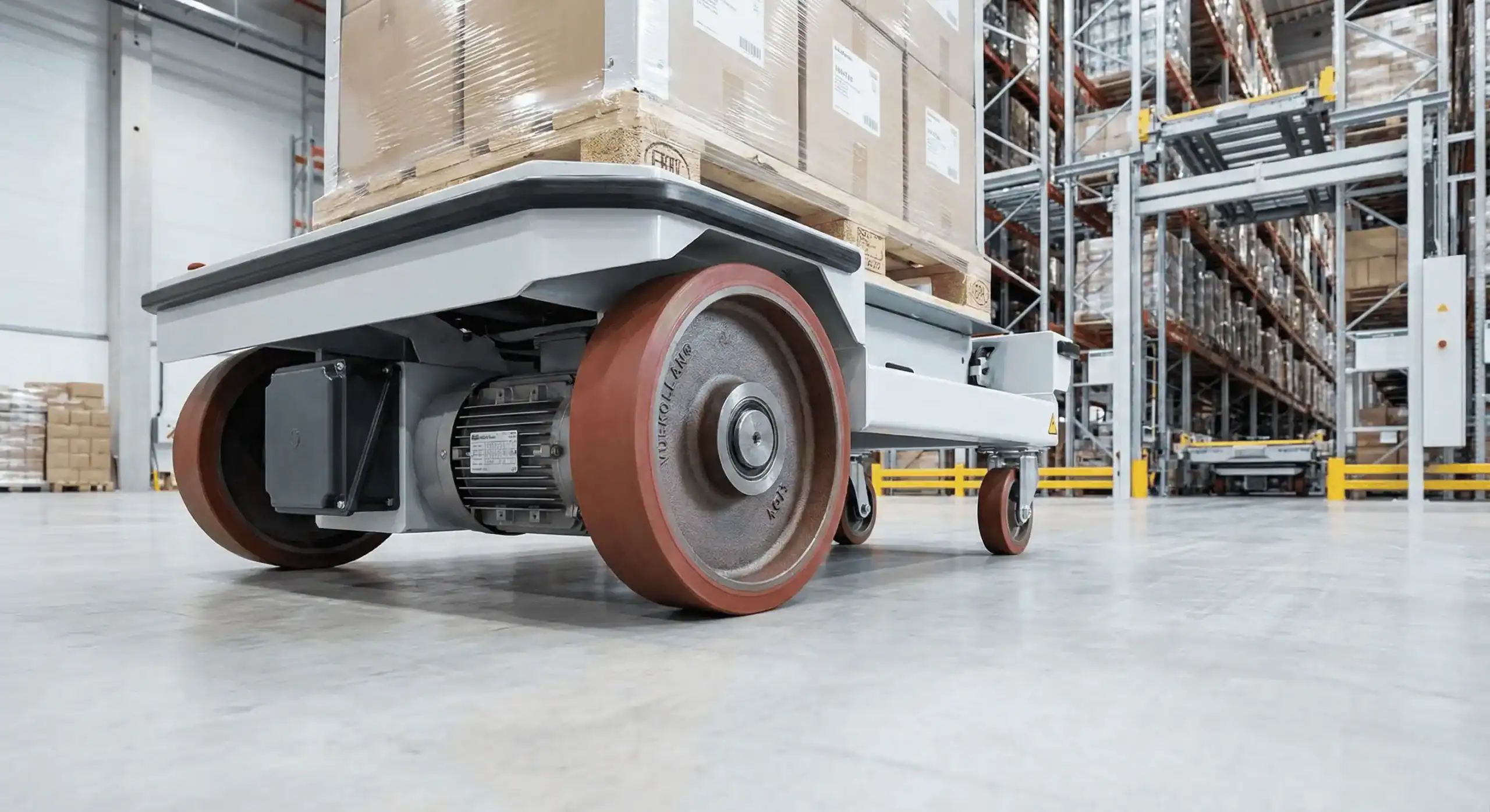 Wielen voor zware lasten onder industriële transportwagen met zware pallets in magazijnomgeving