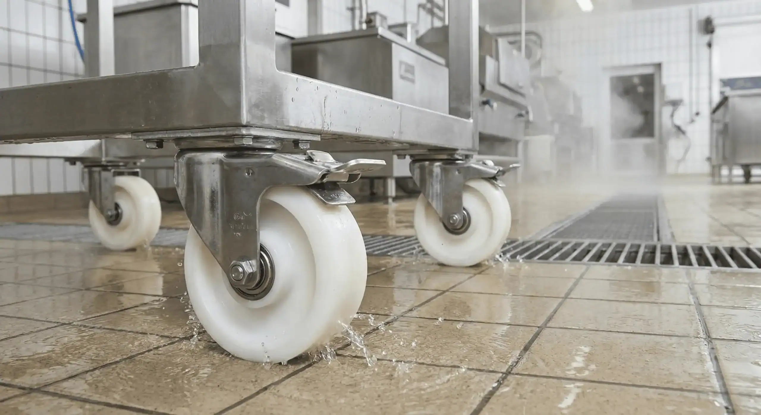 Wielmaterialen voor water en vochtige ruimtes met kunststof wielen op natte vloer in industriële productieomgeving