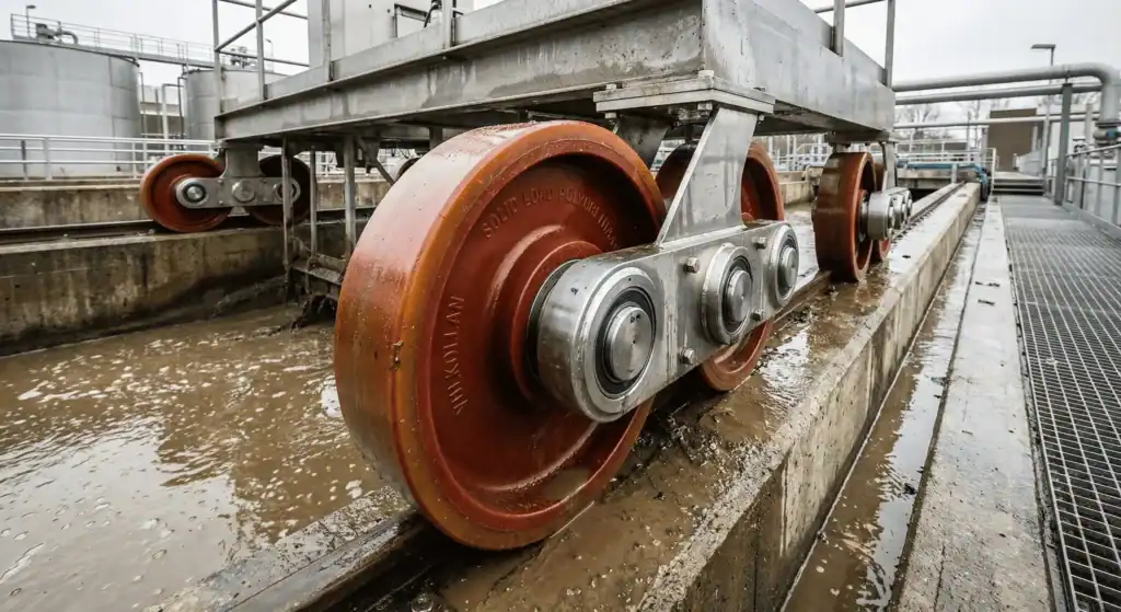 Wieloplossingen in waterzuiveringsinstallaties met zware wielen op slibruimer in natte en corrosieve omgeving