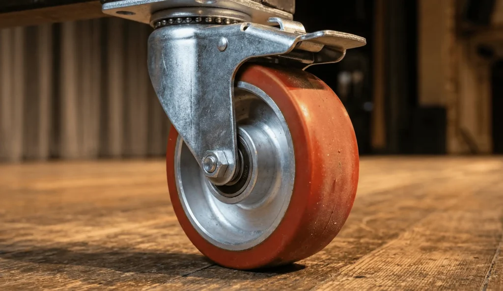 polyurethaan podiumwiel met rem op houten podiumvloer voor stille en veilige decorverplaatsing