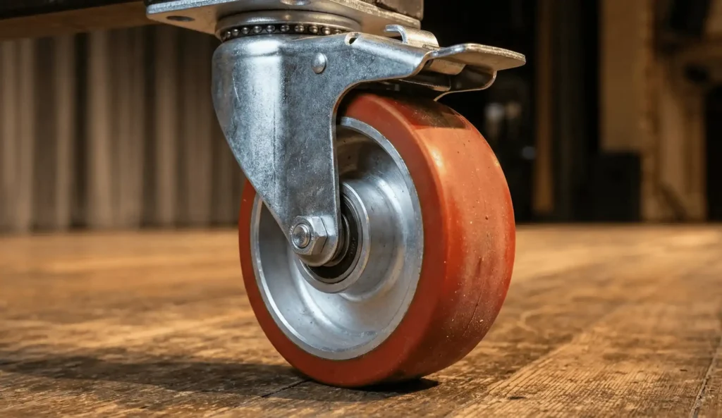 polyurethaan podiumwiel met rem op houten podiumvloer voor stille en veilige decorverplaatsing