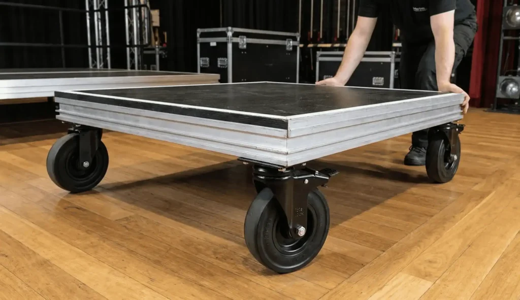verschillende wielen voor modulaire podia met polyurethaan rubber en nylon loopvlak onder podiumdelen op theaterpodium