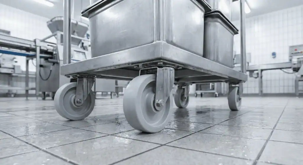 Wielonderhoud in de voedingsindustrie met RVS transportkar op schone productievloer