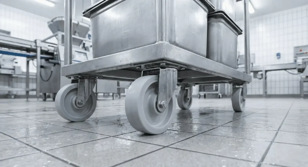 Wielonderhoud in de voedingsindustrie met RVS transportkar op schone productievloer