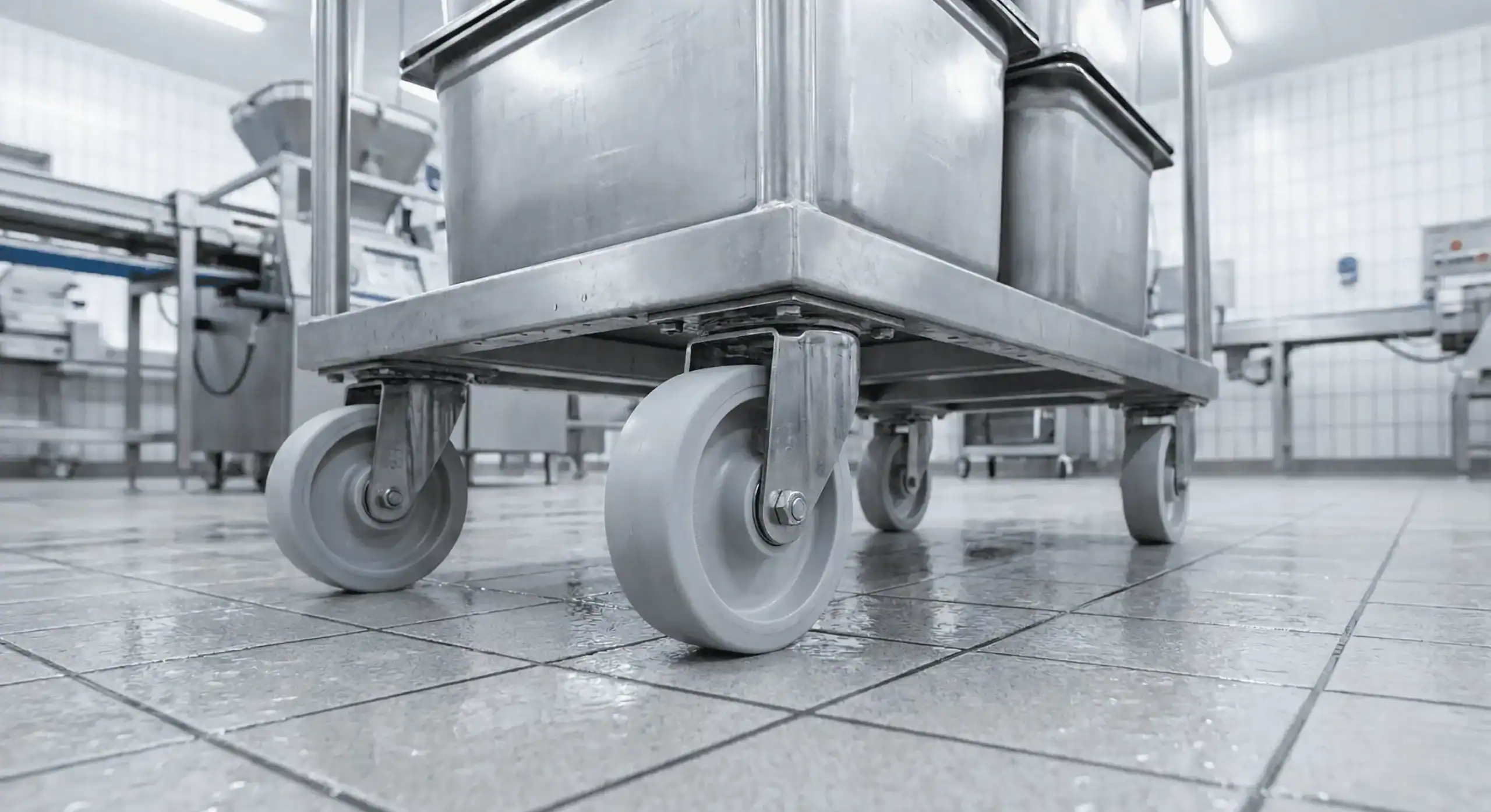 Wielonderhoud in de voedingsindustrie met RVS transportkar op schone productievloer