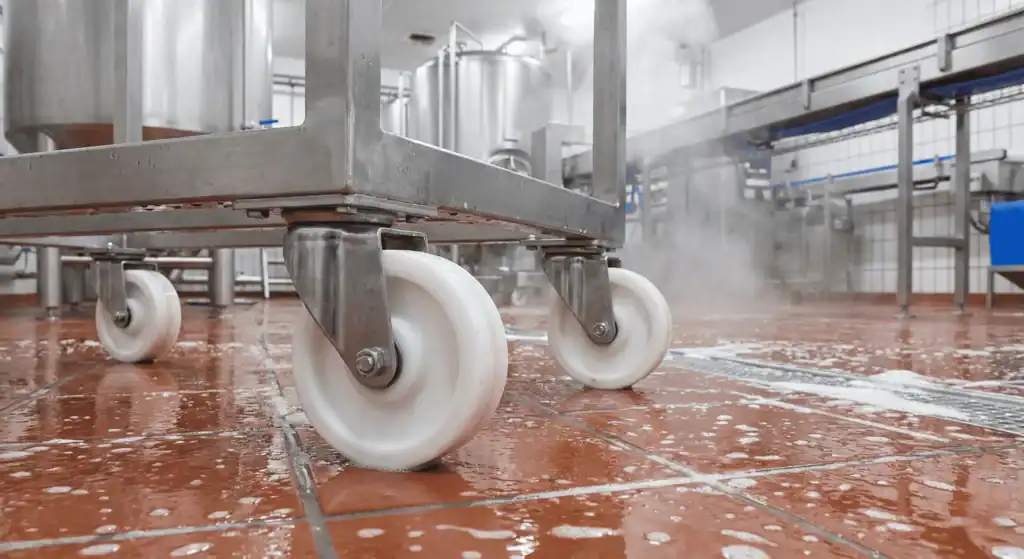 Wielen voor de voedingsindustrie onder RVS transportkar in hygiënische productieruimte