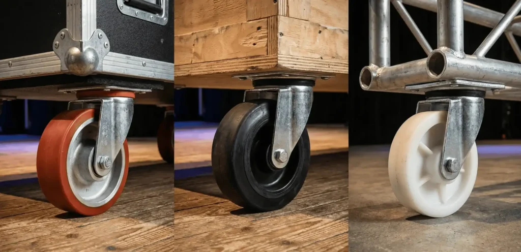verschillende wielen voor modulaire podia met polyurethaan rubber en nylon loopvlak onder podiumdelen op theaterpodium