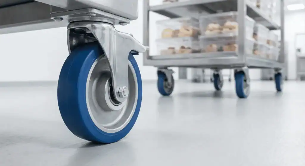 Wielen in de voedingsindustrie met blauw polyurethaan wiel onder RVS transportkar in stille productieomgeving