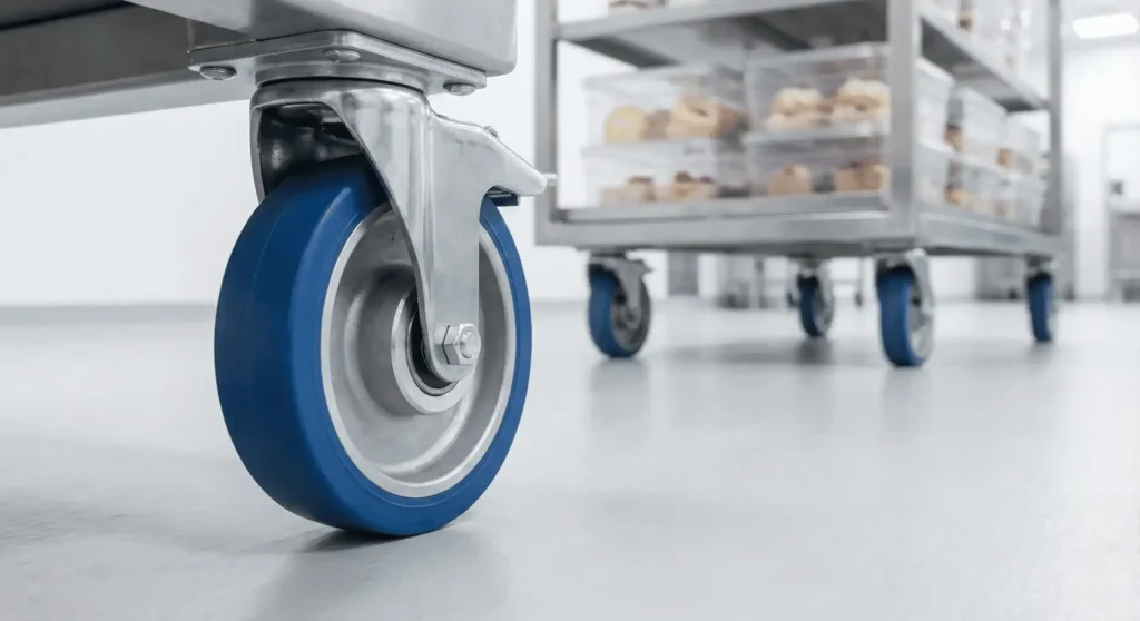 Wielen in de voedingsindustrie met blauw polyurethaan wiel onder RVS transportkar in stille productieomgeving
