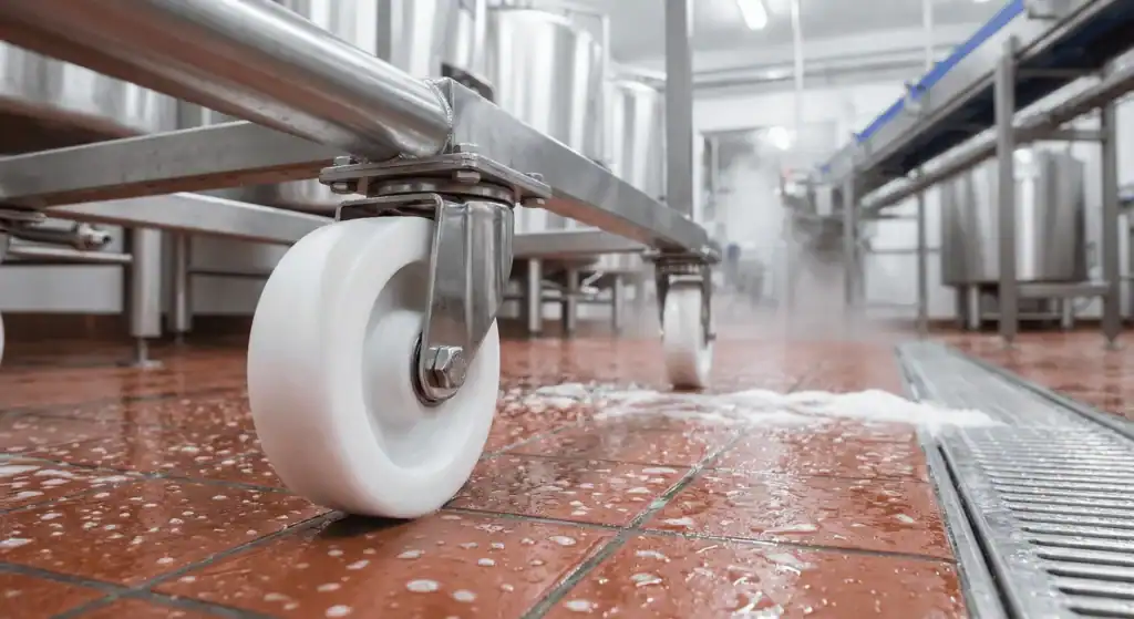 Wielen voor de voedingsindustrie onder RVS kar in natte productieomgeving