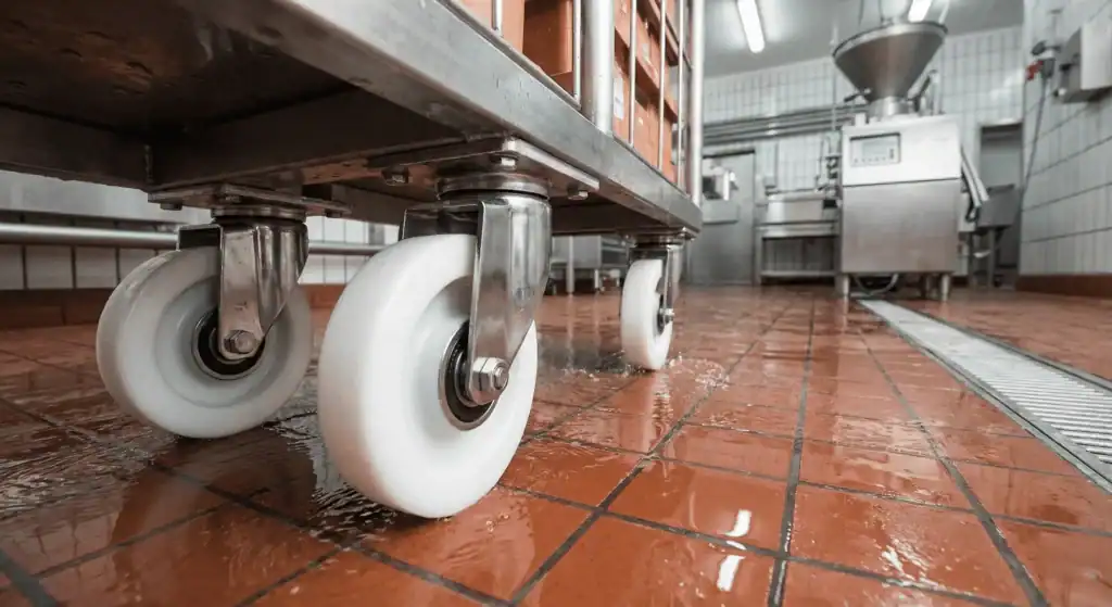 Wielen in de voedingsindustrie onder RVS transportwagen op natte productievloer