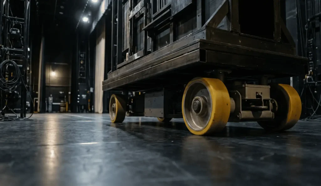 industriële wielen onder geautomatiseerd podiumdecor voor stille en precieze decorverplaatsing in theater