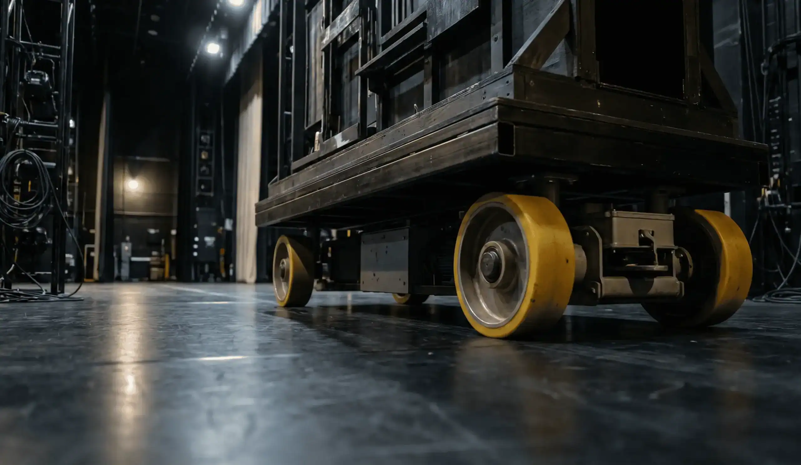 industriële wielen onder geautomatiseerd podiumdecor voor stille en precieze decorverplaatsing in theater