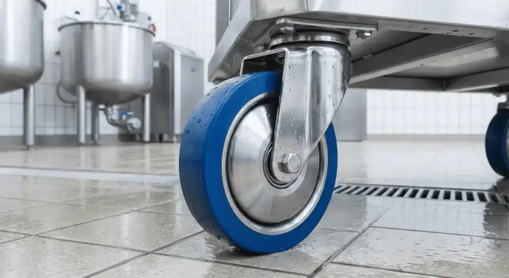 Wielen in de voedselindustrie met RVS behuizing en blauw polyurethaan wiel in hygiënische productieruimte