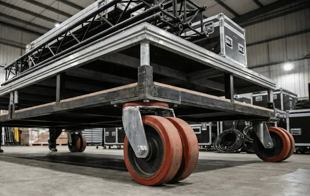 industriële wielen onder zware podiumconstructie voor veilig verplaatsen van decor en trussmateriaal in evenementenhal