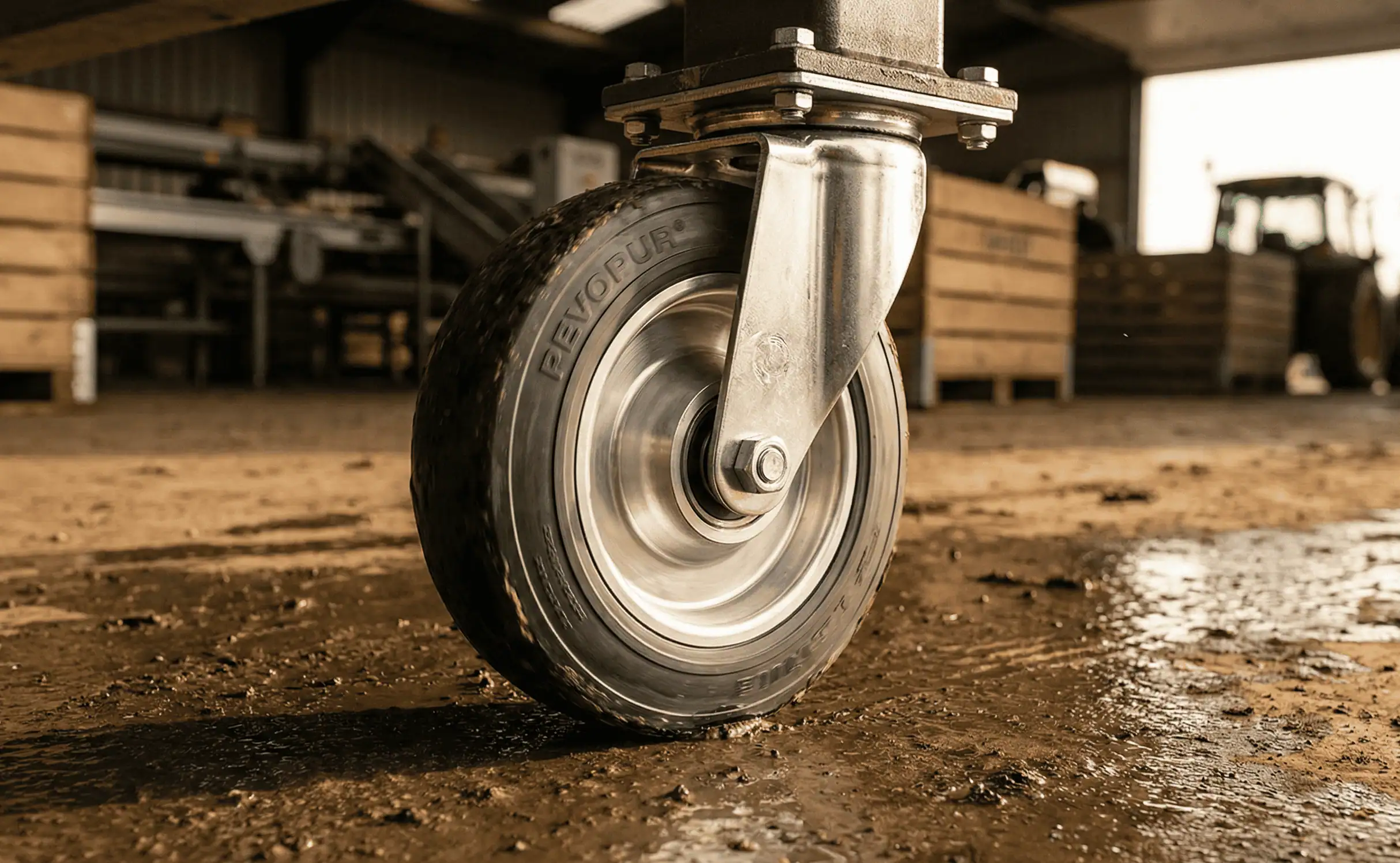 Massief rubber zwenkwiel voor landbouwmachine op natte stalvloer