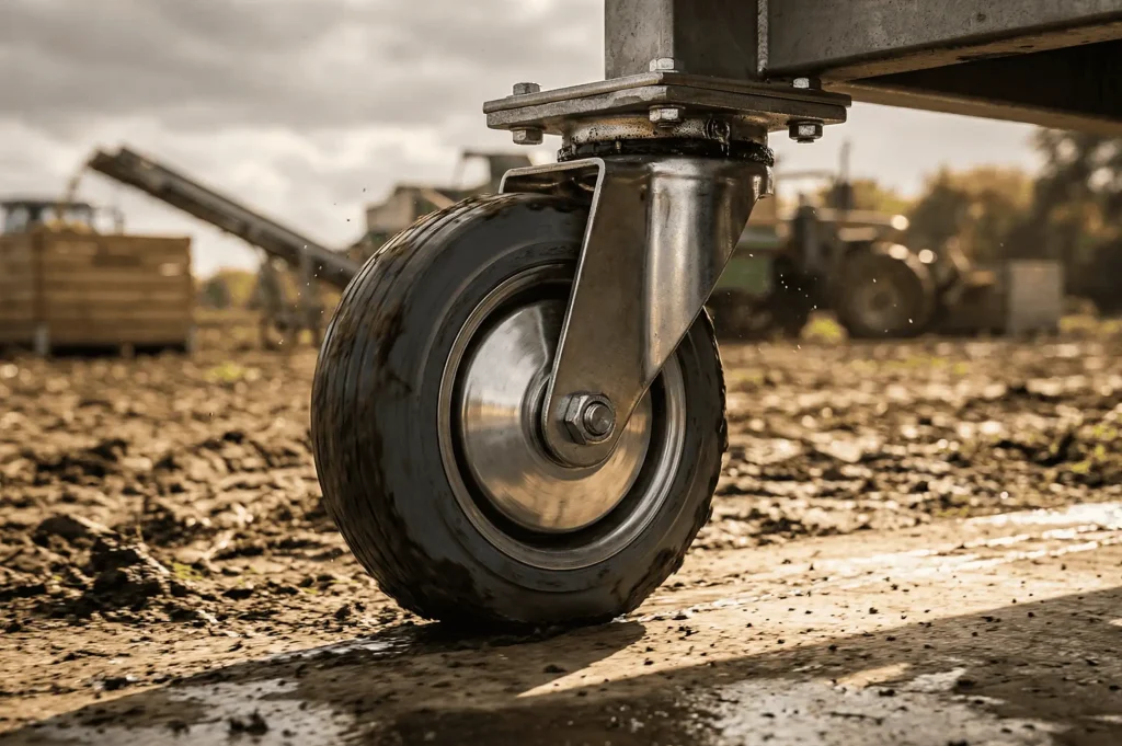 Massief rubber zwenkwiel op landbouwterrein met modderige ondergrond