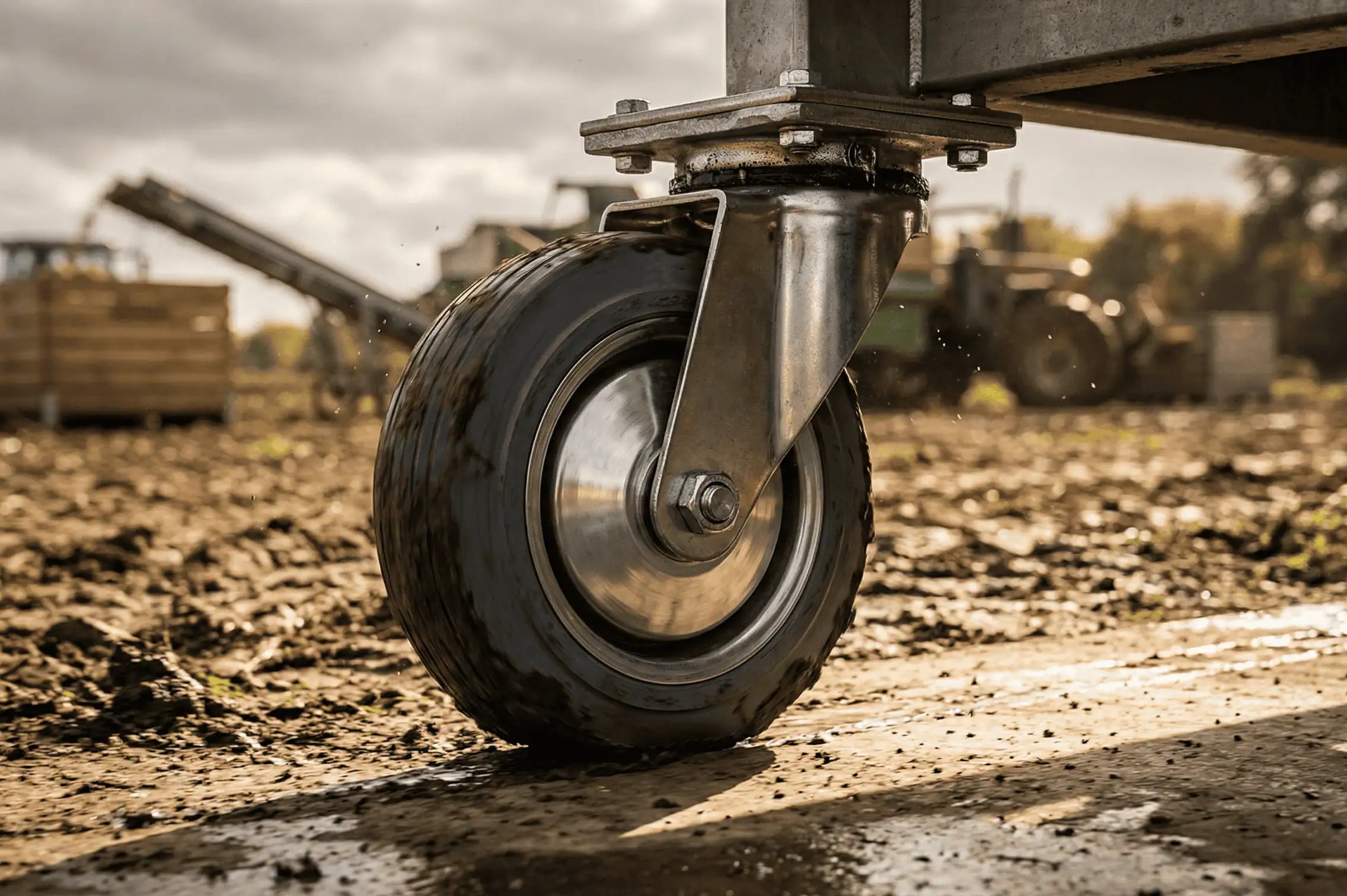 Massief rubber zwenkwiel op landbouwterrein met modderige ondergrond