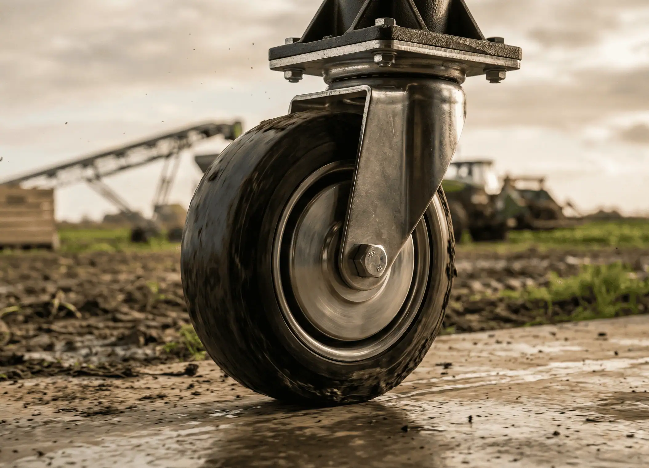 Massief rubber zwenkwiel voor landbouwmachines op modderige akker met tractor op de achtergrond