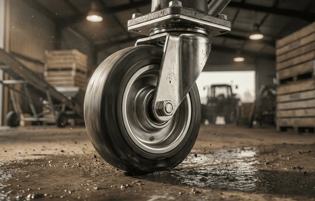 Massief rubber zwenkwiel voor landbouwmachines in stal met natte vloer en tractor op achtergrond