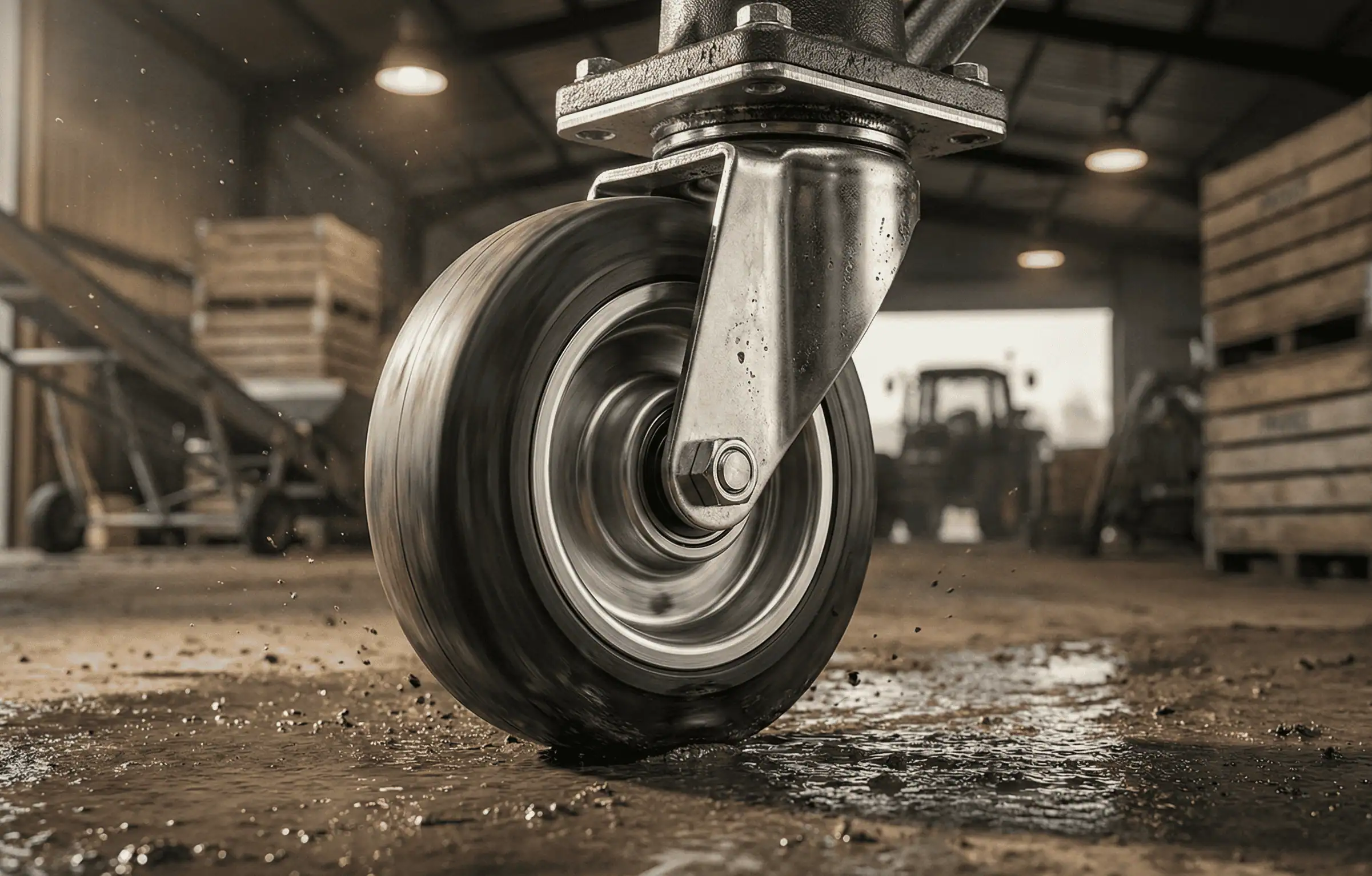 Massief rubber zwenkwiel voor landbouwmachines in stal met natte vloer en tractor op achtergrond